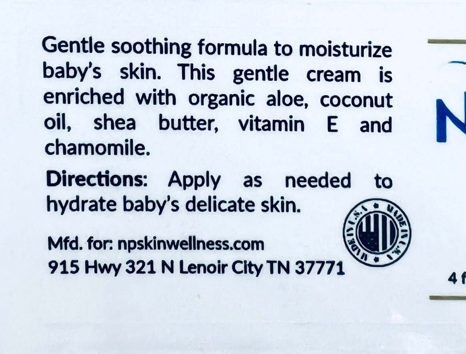 Naturally Perfect Baby Aloe Cream label, showcasing chamomile and skin moisturizing ingredients for gentle care.
