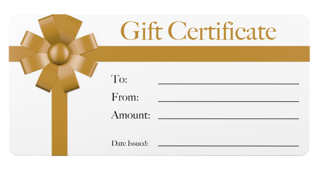 Gift certificate with a gold bow, ideal for giving the Naturally Perfect Gift.
