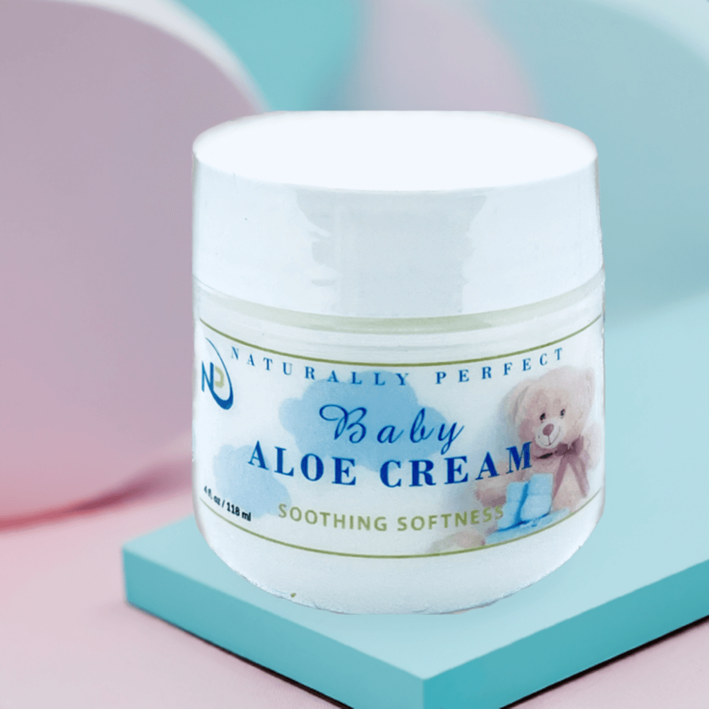 Naturally Perfect Baby Aloe Cream 4oz jar, soothing formula for diaper rash and eczema, with chamomile scent.