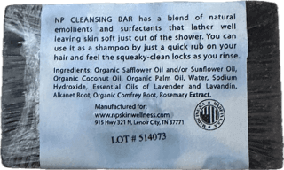 NP Lavender Cleansing Bar packaging showing natural ingredients and uses for skin and hair care.